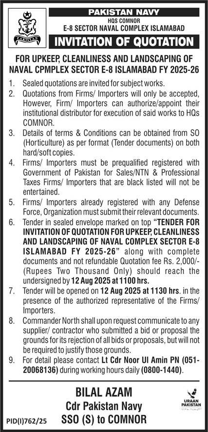Pakistan Navy Islamabad Tender Notice
